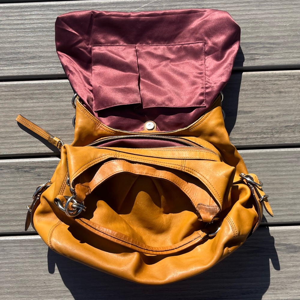 Coach; Golden Brown Leather Hobo Bag; 3 Section; Burgundy Interior; Duel Handles - Picture 7 of 16